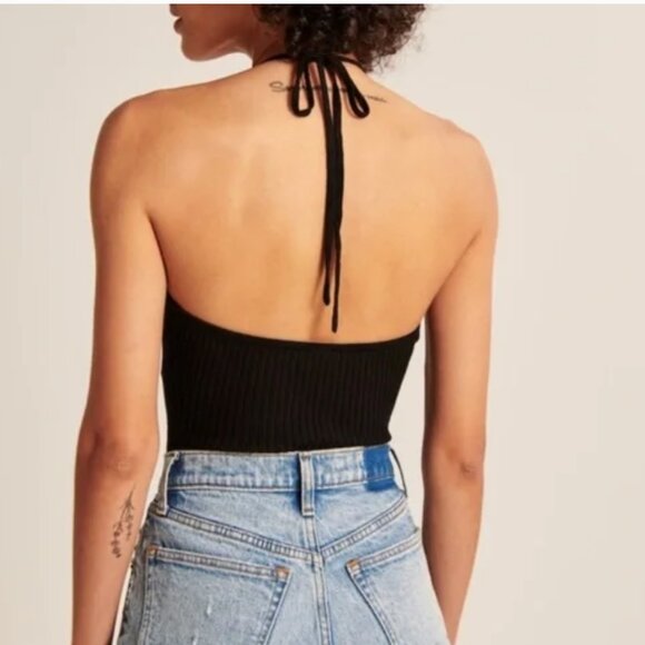 Abercrombie Elevated Knit Tie Halter Black Bodysuit - Picture 3 of 5